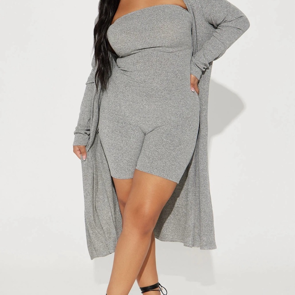 Gray Ribbed Knit Romper with Cardigan
